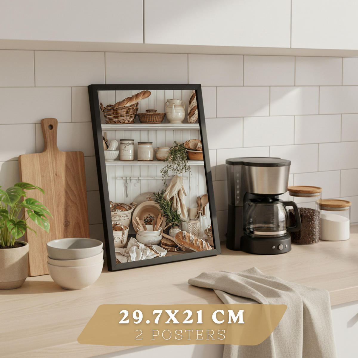 PLAKAT Sada 2 dekorativních kuchyňských prostěradel na stěně. Venkovský styl. Dekorativní nástěnné tisky do obývacího pokoje. Černý rám velikosti A4 - černá, papír (29.7/42/3cm)