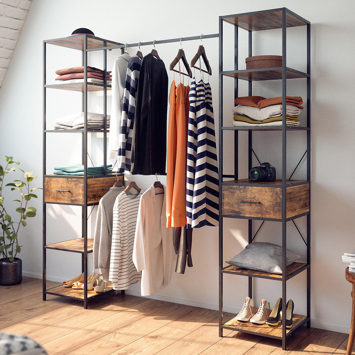 KLEIDERSCHRANK Fyrk Eiche rustikal 180 x 187 cm - Wildeiche/Schwarz, Holzwerkstoff (180/187/45cm) - Vicco