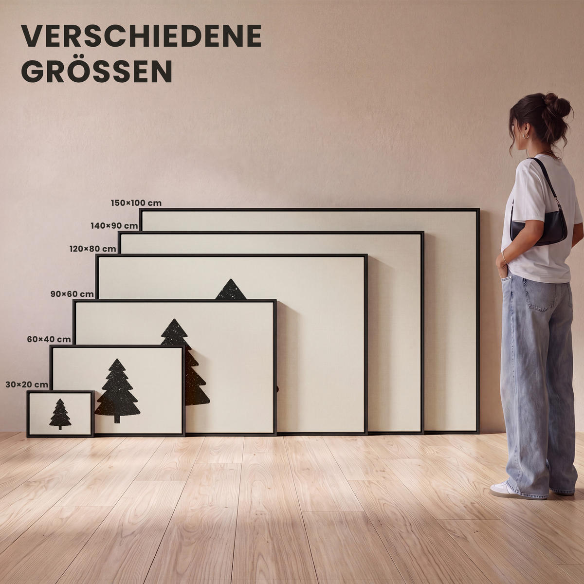 LEINWAND Bilder mit Rahmen - Weihnachtsbaum - Schwarz - Urlaub - Beige - 30x20 - Schwarz, Textil (30/20cm) - MuchoWow