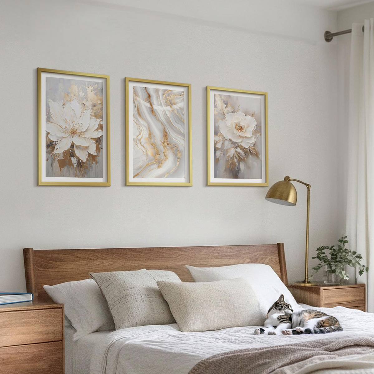 BILDER SET 3er Set - 40x60 cm Goldrahmen - Abstrakte Blumen aus Marmor - Goldfarben, Kunststoff (40/60cm) - TULUP