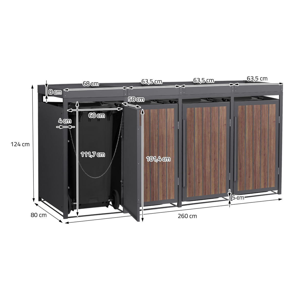 MÜLLTONNENBOX 4er mit Pflanzdach 240L Anthrazit-Holzoptik aus Stahl - Dunkelbraun, Metall (80/124/260cm) - ML-DESIGN