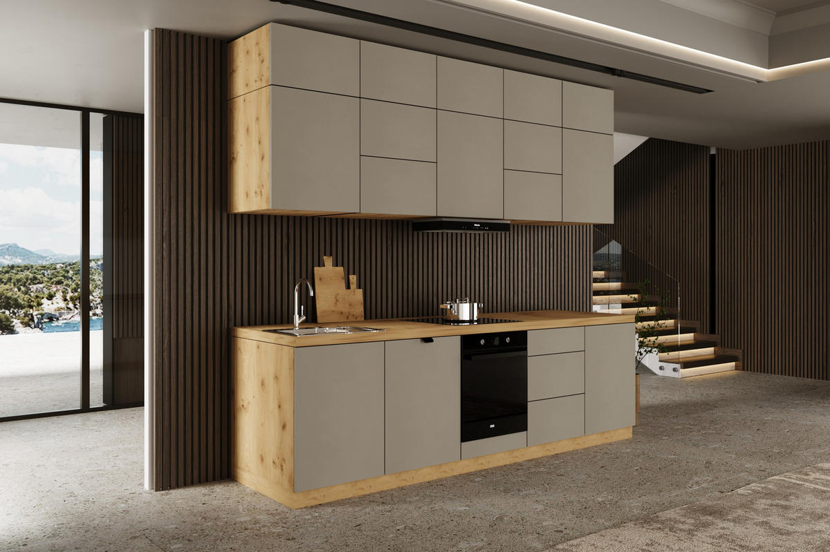 KÜCHENZEILE 300 cm - Langen KL13-M300 - in Beige / Matt - Beige, Holz (300/212/52cm)