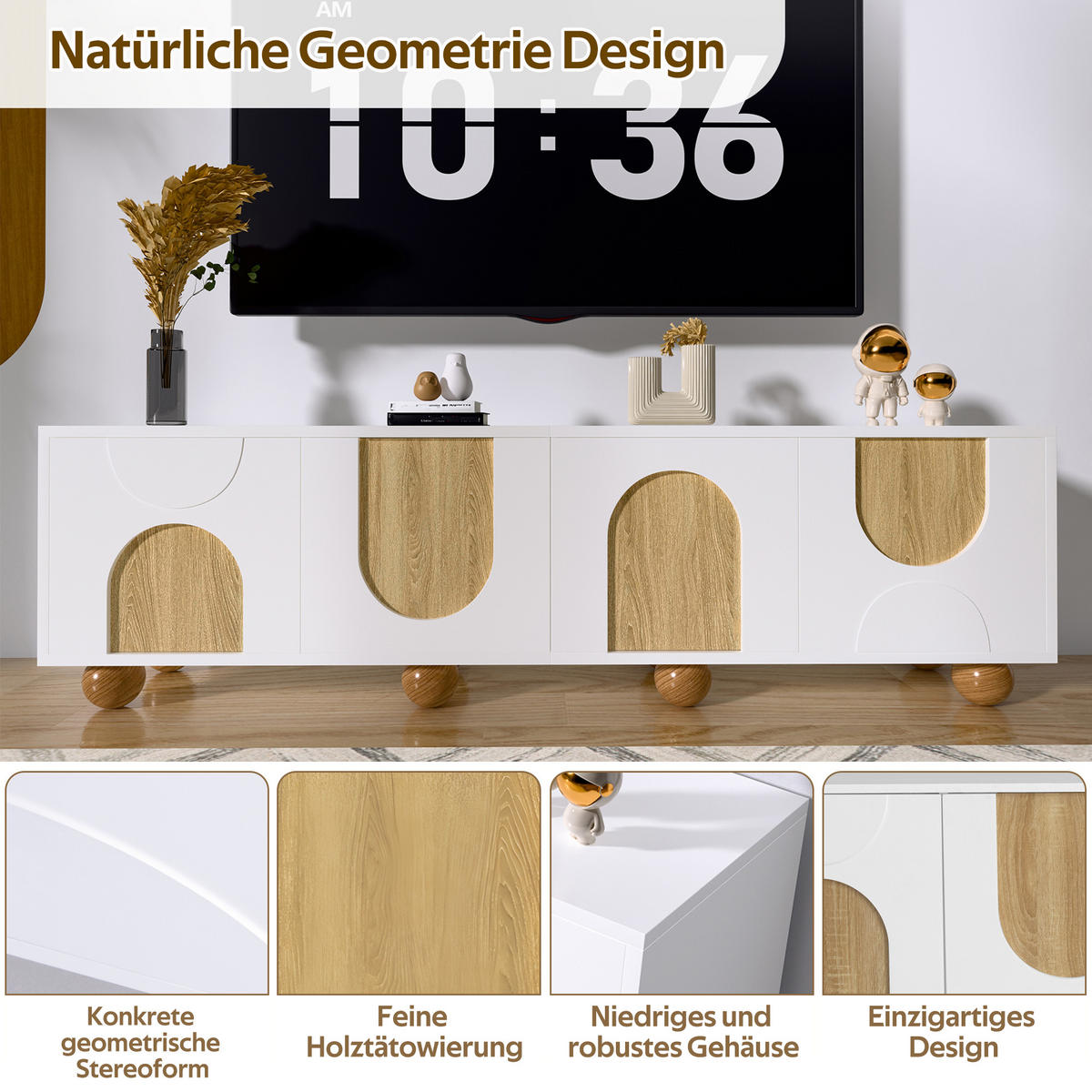 LOWBOARD in Naturfarben und Weiß TV-Schrank mit vier Türen für Wohnzimmer, B175/T38/H50 cm - Naturfarben/Weiß, Holzwerkstoff/Metall (175/50/38cm) - STILVORA