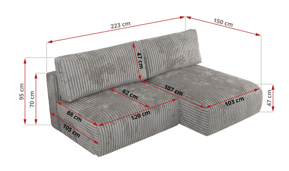 ECKSCHLAFSOFA VIVO L Grau Cord - links - Schwarz/Grau, Kunststoff/Textil (223/150cm) - MKS