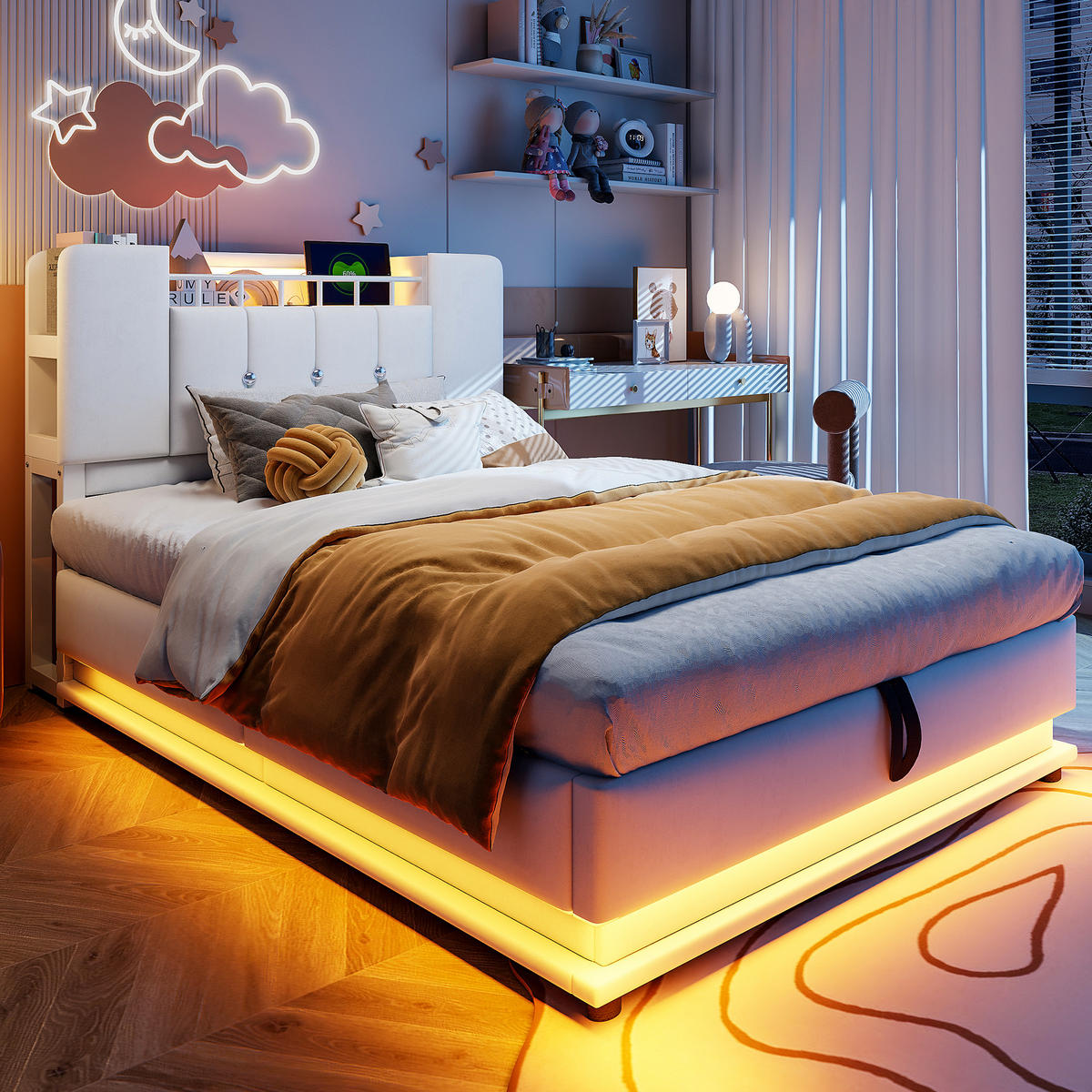 POLSTERBETT 90/200 cm Beige mit Stauraum mit LED-Beleuchtung und USB- und Type-C-Anschlüssen Samtbezug - Beige, Textil (90/200cm) - OKWISH