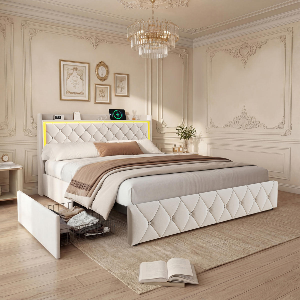 POLSTERBETT 140x190cm Beige Samt Schubladenbett mit LED Kopfteil, Modern Doppelbettrahmen - Beige, Textil (140/190cm) - CASIVA