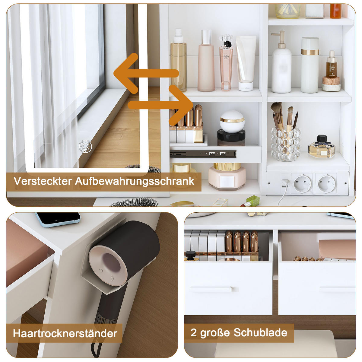 SCHMINKKOMMODE in Weiß 60/36/136 cm aus MDF mit LED-Beleuchtung, Spiegel, Steckdosen und Hocker - Weiß, Glas/Holzwerkstoff (60/136/36cm) - CHICFURN