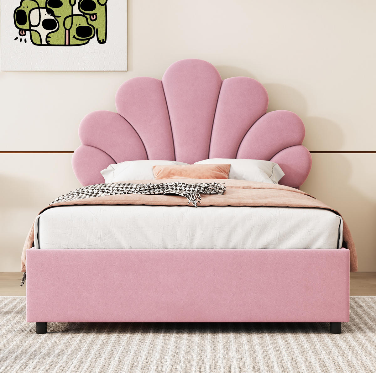 POLSTERBETT 90/200 cm mit hydraulischem Bettkasten, floralem Samt-Kopfteil und Lattenrost, Rosa - Rosa, Textil (90/200cm) - Redom