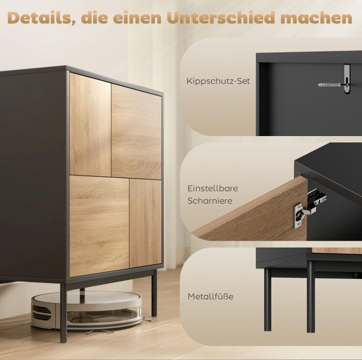 SIDEBOARD mit Push-to-Open Türen und Metallbeinen in Schwarz/Naturholzoptik - Schwarz, Holz (60/78/35cm) - BEAOK