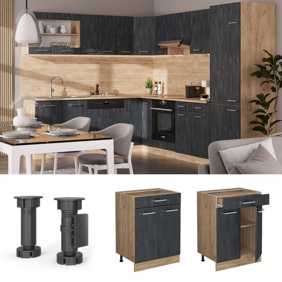KÜCHENUNTERSCHRANK R-Line Schwarz Beton 60 cm AP Eiche - Eiche Wotan/Schwarz, Holzwerkstoff (60/81.6/60cm) - Vicco