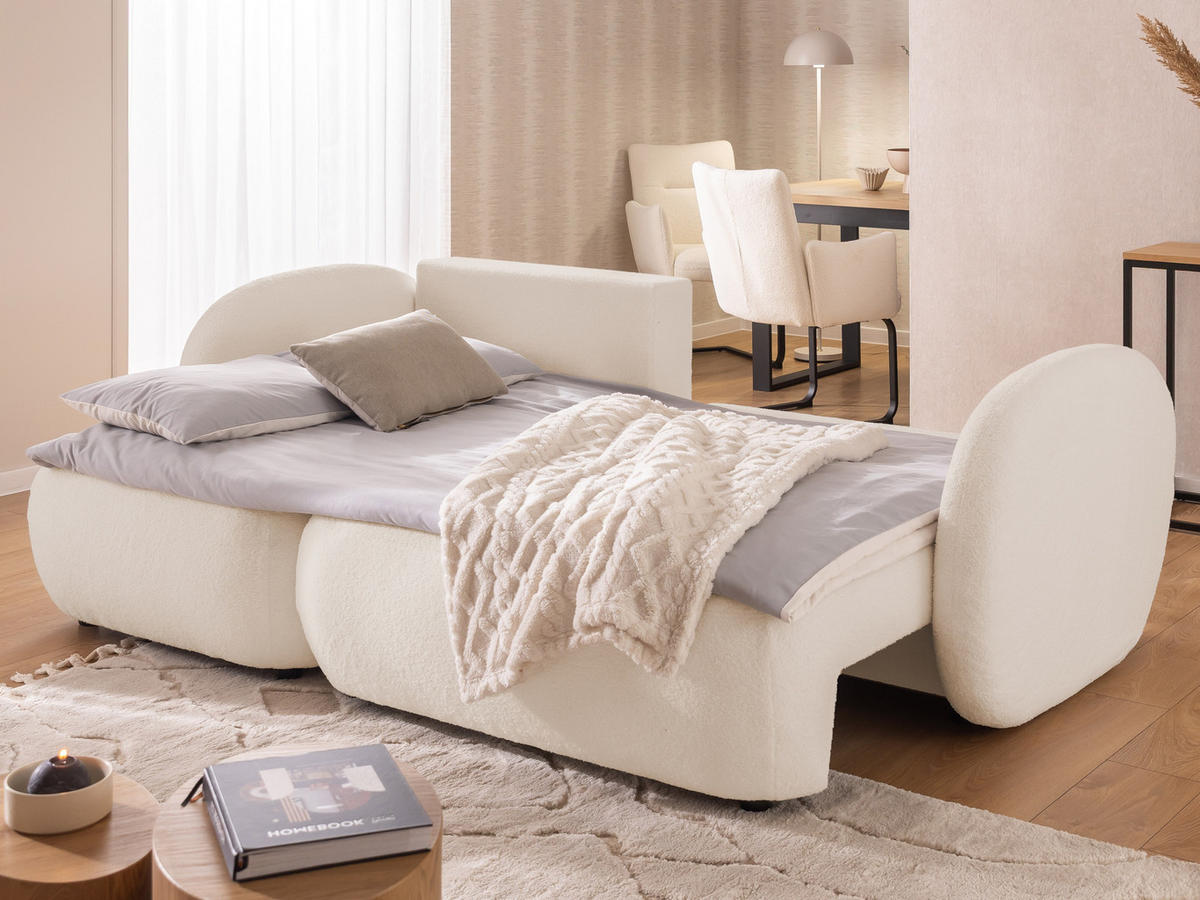 ECKSOFA Candy mit Schlaffunktion Hellbeige Bouclé-Stoff - Ottomane links - Beige/Schwarz, Holz/Kunststoff (230/146cm) - S-Style Möbel