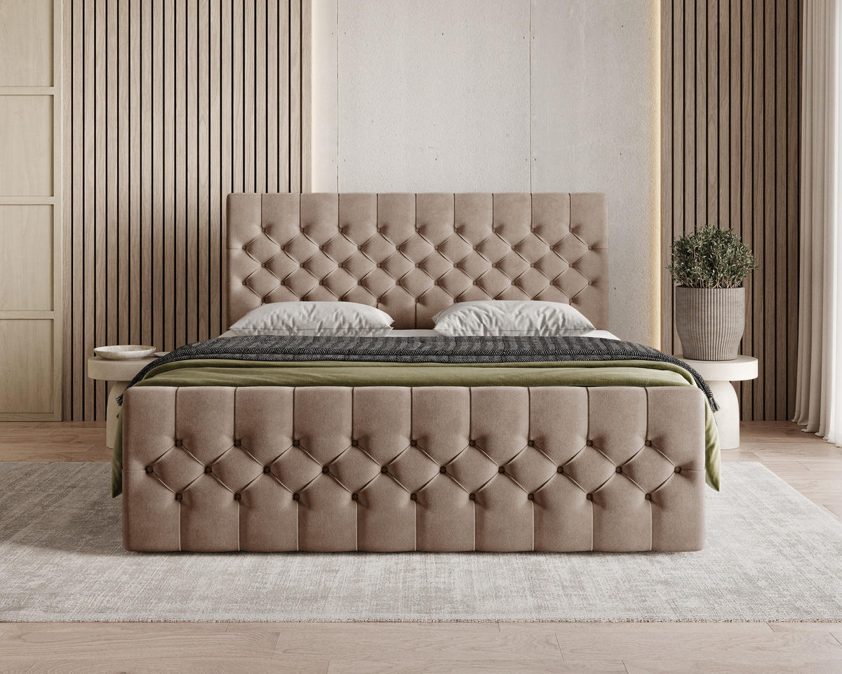 BOXBETT 12 140 x 200 cm - Manila - Modernes Polsterbett mit Bettkasten inkl. PU-Schaum-Topper und Federmechanismus - Cappuccino, Holz (140/200cm) - ROYAL24_MARKT