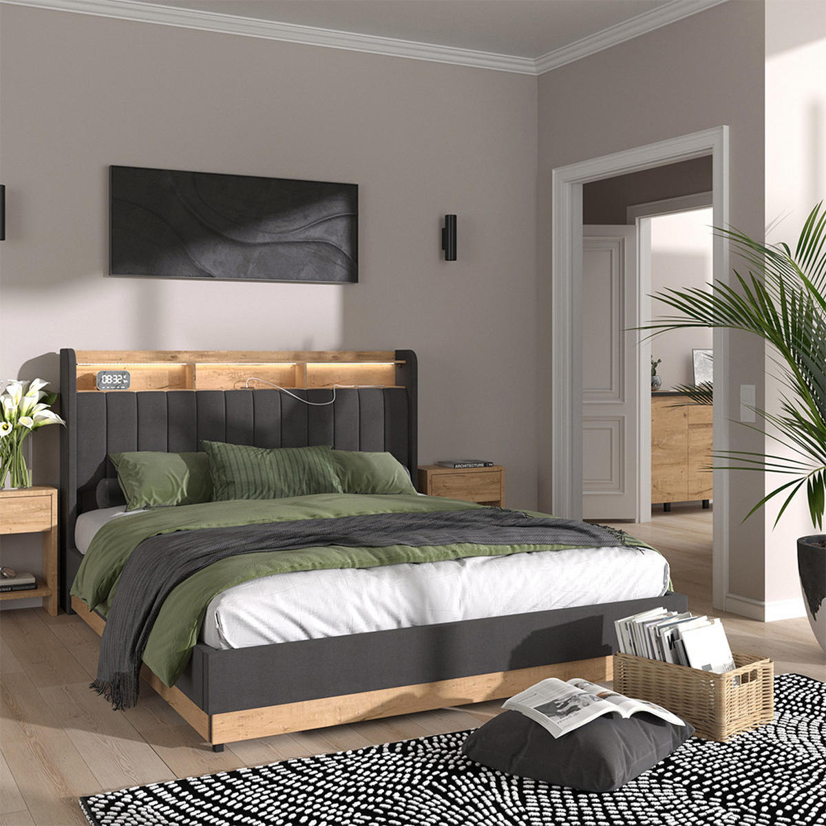 ČALOUNĚNÁ POSTEL Nura Antracit - antracitová/barva dubu, kompozitní dřevo - VitaliSpa