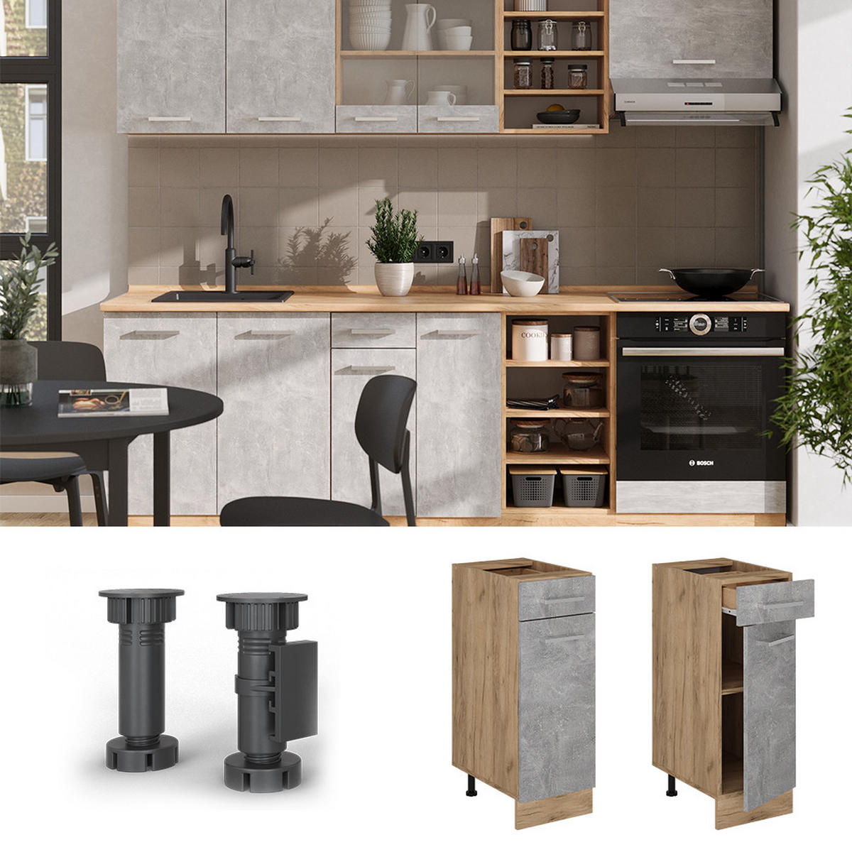 KÜCHENUNTERSCHRANK R-Line Beton 30 cm , AP Eiche - Honigeiche/Schieferfarben, Holzwerkstoff (30/81.6/60cm) - Vicco