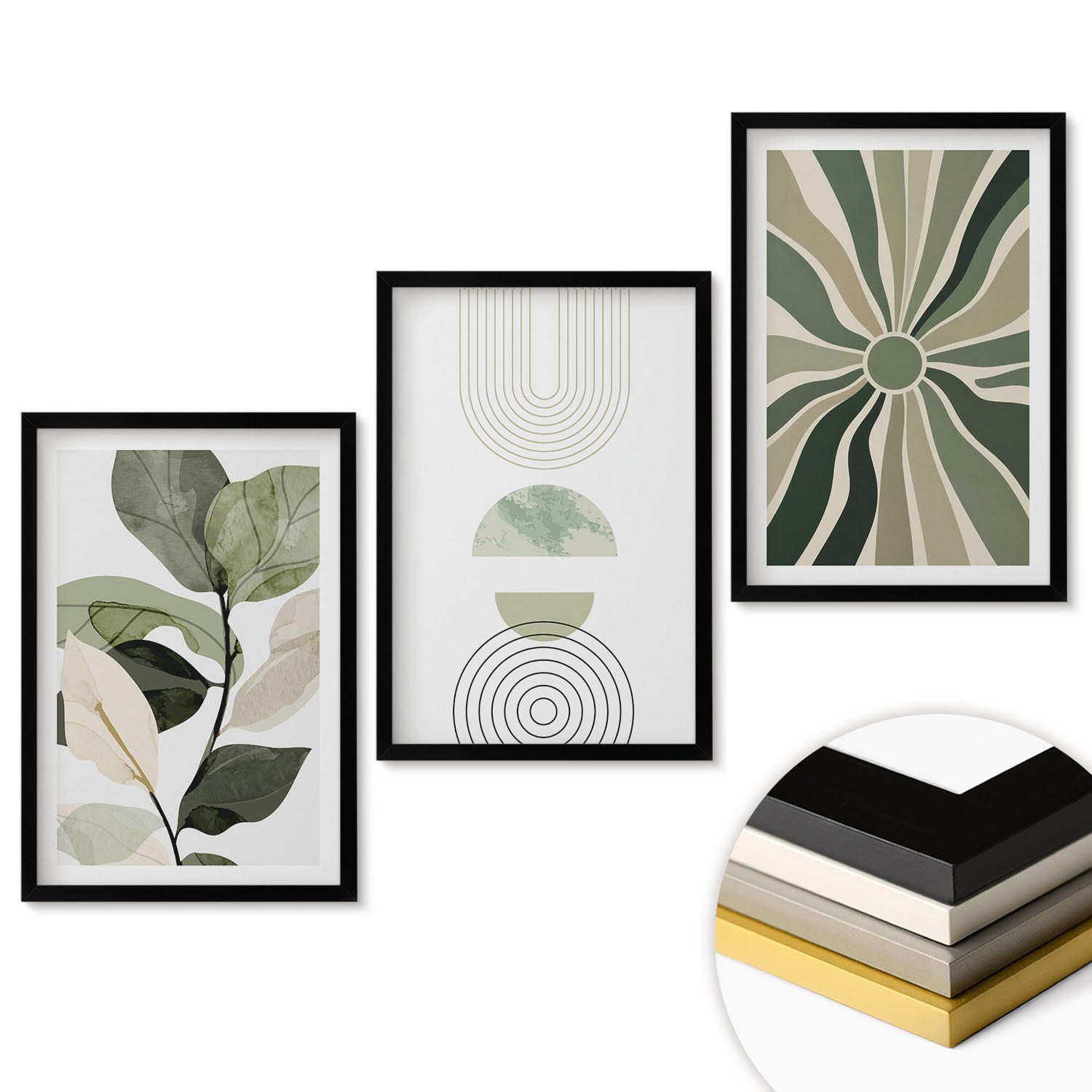 WANDBILDER 3er-Set - 40x60 cm Schwarzer Rahmen - Pflanzenmotive, Geometrie, Grün - Schwarz, Kunststoff (40/60cm) - ArtPrintCave