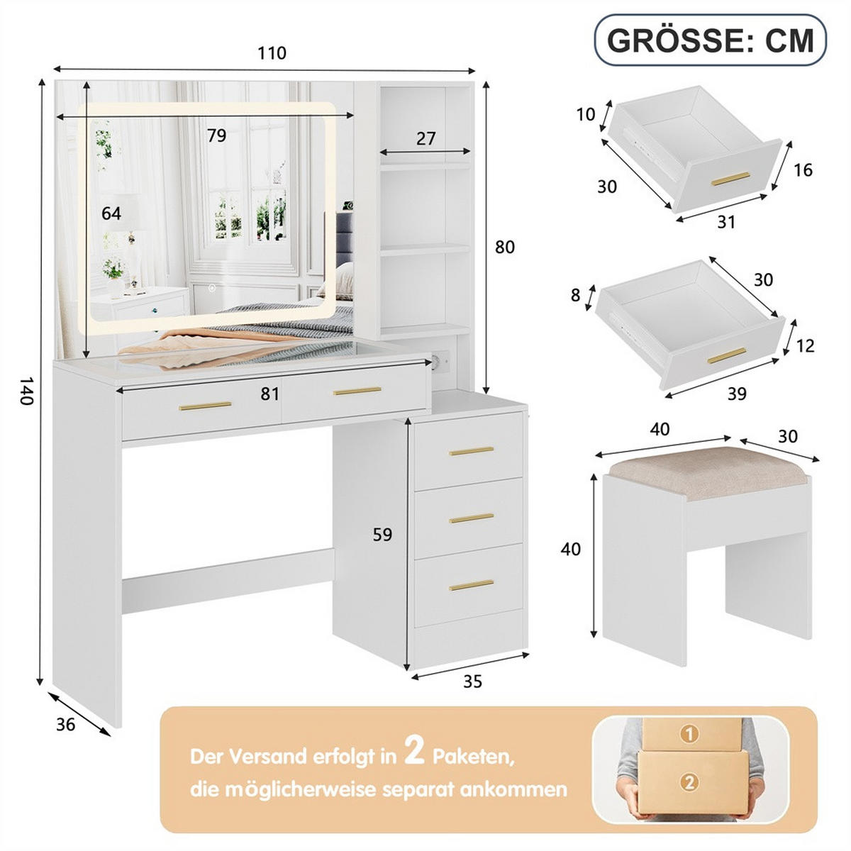 SCHMINKTISCH - Frisiertisch mit LED-Lichtspiegel und Ladestation - Glasplatte und Hocker - Weiß - Weiß, Holzwerkstoff (36/140/110cm) - DELFA