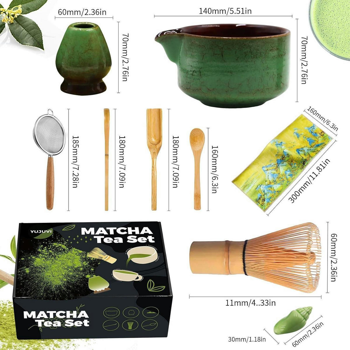 MATCHA Tee Set 9-teiliges Set mit Besen und Schale - Grün, Keramik (14/7/18.5cm)