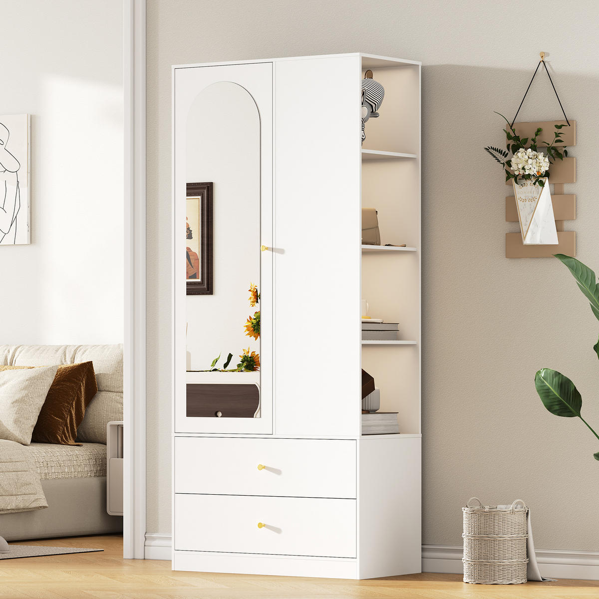 KLEIDERSCHRANK mit Spiegel 1 Tür Schubladen Weiß Modern - Weiß, Holzwerkstoff (80/180/40cm) - FLIEKS