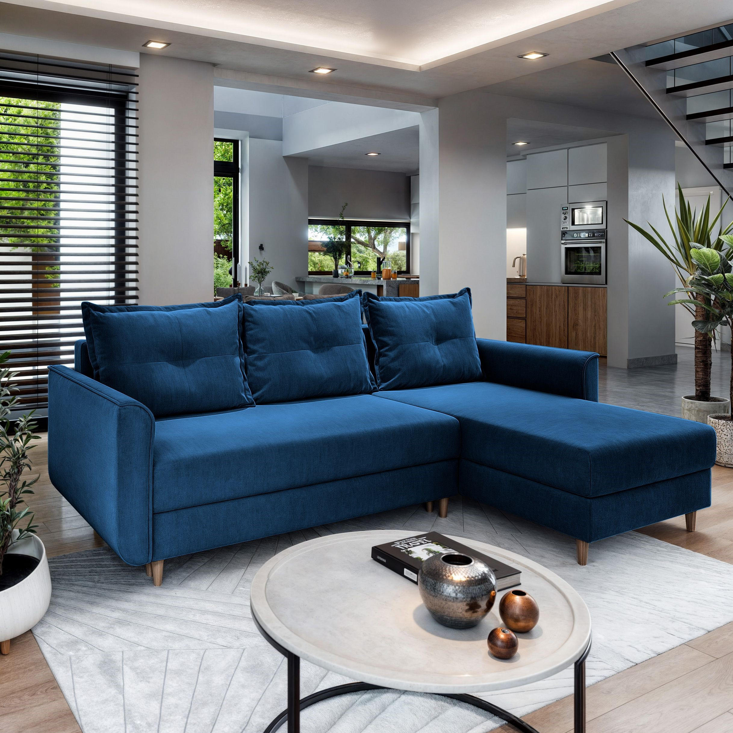 ECKSOFA PISAN R-S Blau Plüsch-Stoff mit Schlaffunktion - Blau, Holz (220/140cm) - MASSENO