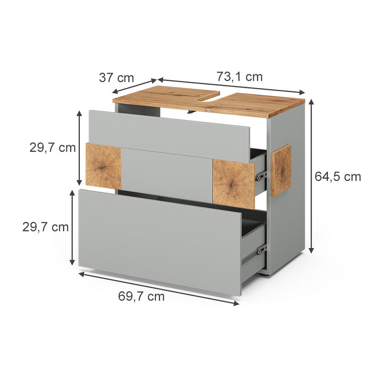 WASCHBECKENUNTERSCHRANK Eden Grau/Artisan 70 x 64.5 cm mit 2 Schubladen - Hellgrau/Grau, Holzwerkstoff (70/64.5/37cm) - Vicco