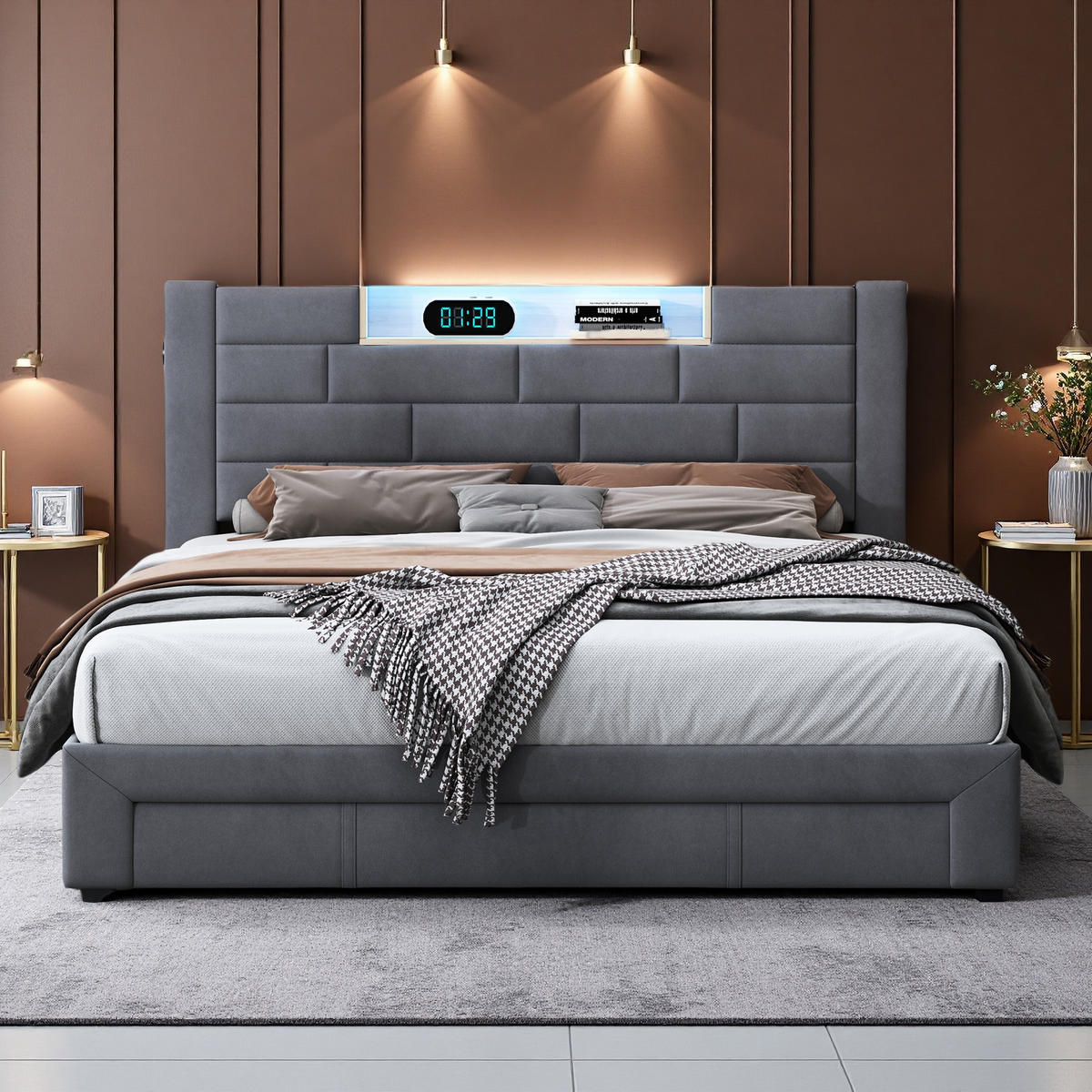 POLSTERBETT 140x200 cm Grau Samt LED USB Schubladen Kopfteil - Grau, Holz (140/200cm) - SHOPENTRA