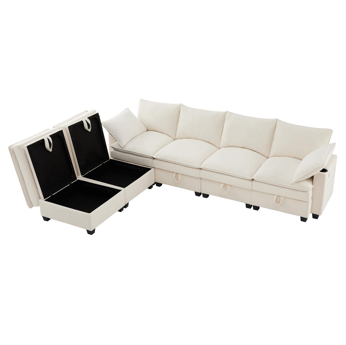 WOHNLANDSCHAFT aus Cord 280x151x82 cm Beige mit USB-Anschlüssen, Stauraum, Getränkehaltern und 2 Fußhockern - Beige, Textil (152/83/280cm) - Modfu