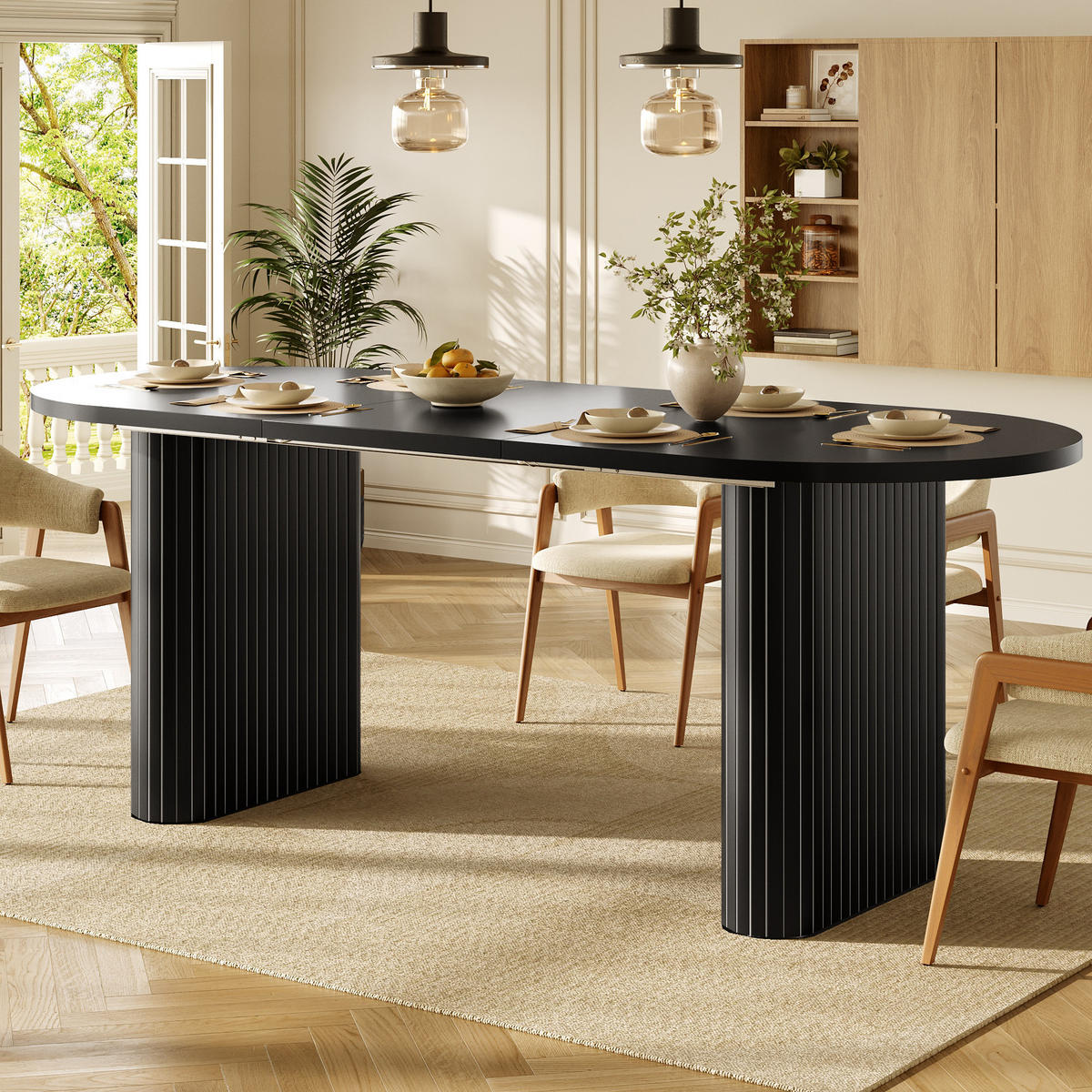 ESSTISCH Ausziehbar 120-160Cm Oval Holzstruktur Natur - Schwarz, Metall (80/120/75.5cm) - FLIEKS
