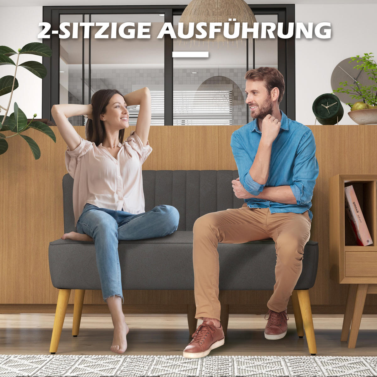 2-SITZER Sofa Zweisitzer, Loveseat mit Leinenoptik, Doppelsofa mit Holzbeine - Dunkelgrau/Naturfarben, Holz/Textil (56.5/77/117cm) - HOMCOM