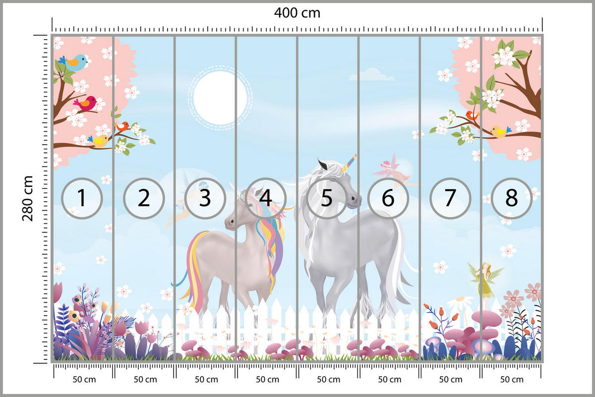 FOTOTAPETE für Kinderzimmer Einhörner Wiese Vögel Bäume Blumen 400x280 - Multicolor, Papier (400/280cm) - Muralo