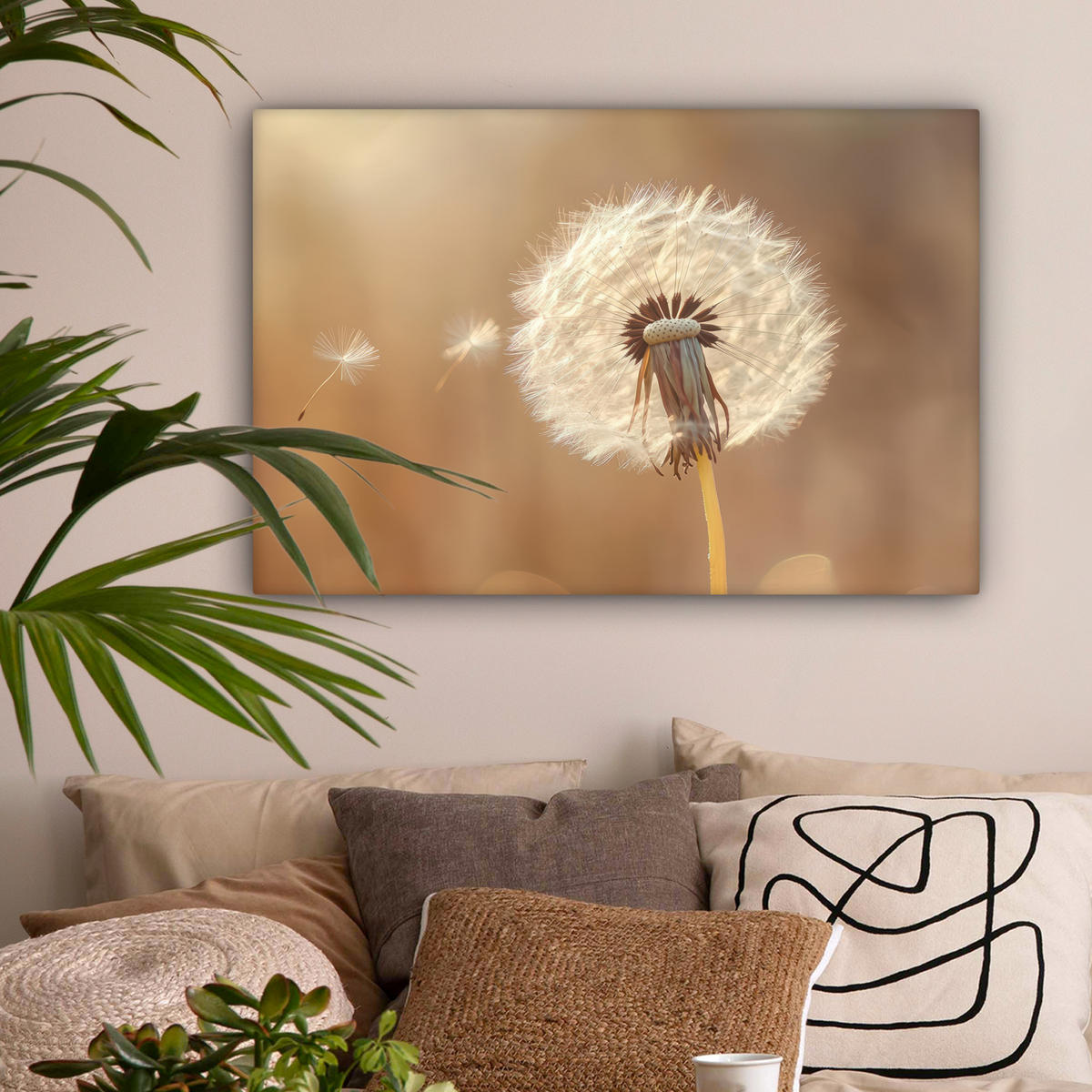 LEINWANDBILD Löwenzahn - Beige - Natur - Blume Gemälde 60x40 cm - Hellbraun, Textil (60/40cm) - MuchoWow