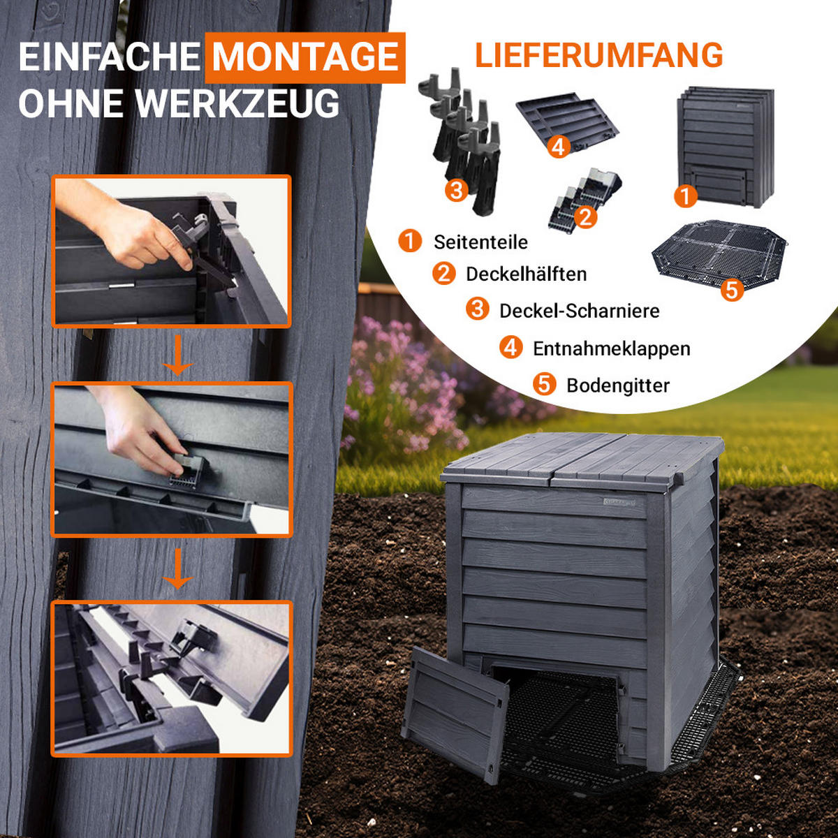 KOMPOSTER 600 L inkl. Bodengitter, anthrazit-braun - Braun, Kunststoff (80/100/80cm) - GARANTIA
