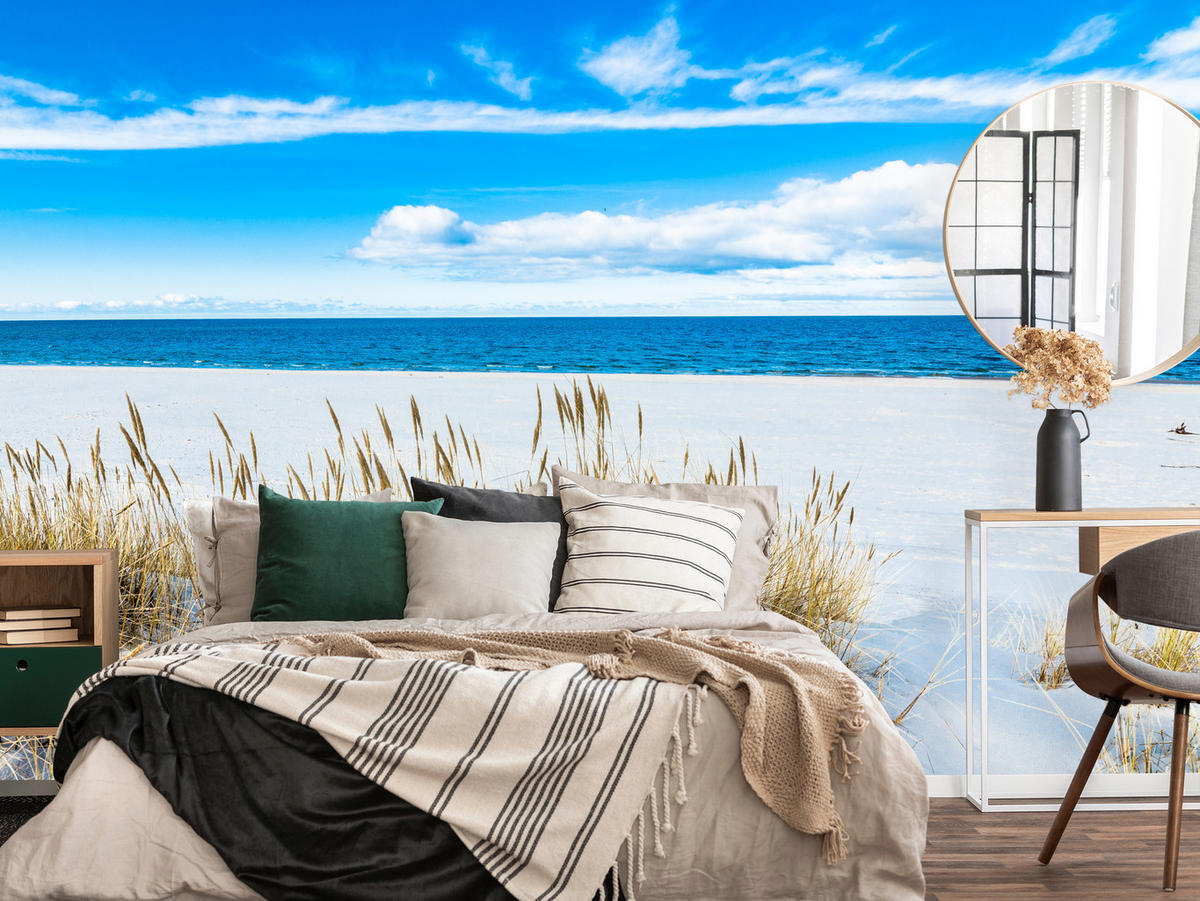 FOTOTAPETE für Badezimmer Sonnenstrand Meer Landschaft Sand 350x256 - Blau/Beige, Papier (350/256cm) - Muralo