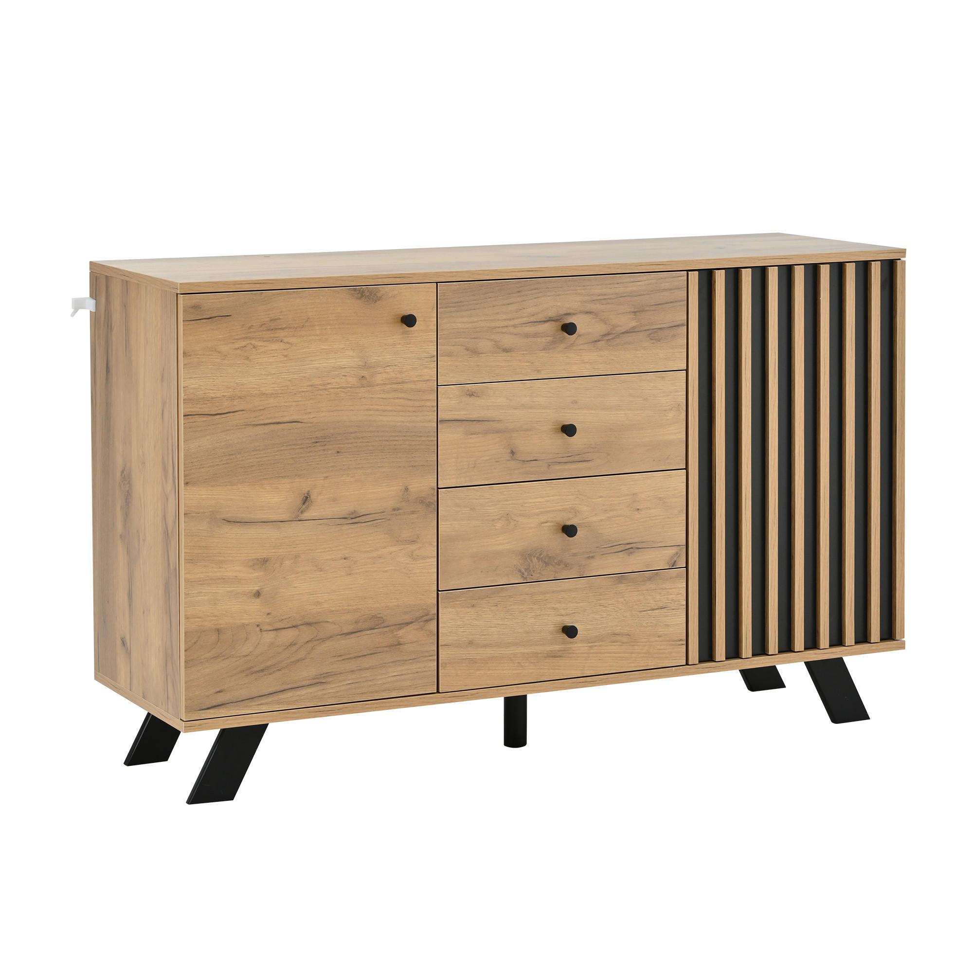 Urban Meuble SIDEBOARD 2 skříňky, 4 zásuvky, dutý dekor, barva dřeva a černá 5 nohou z masivu, spousta úložného prostoru