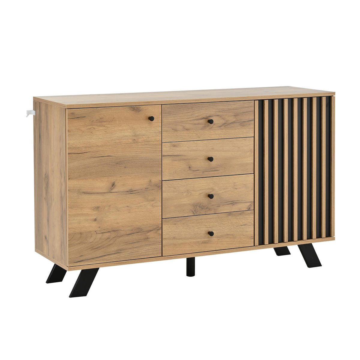 SIDEBOARD 2 Schränke, 4 Schubladen, Hohldekor, Holzfarbe & Schwarz 5 Massivholzbeine, Viel Stauraum - Sonoma Eiche, Holzwerkstoff (120/75/38cm) - Urban Meuble