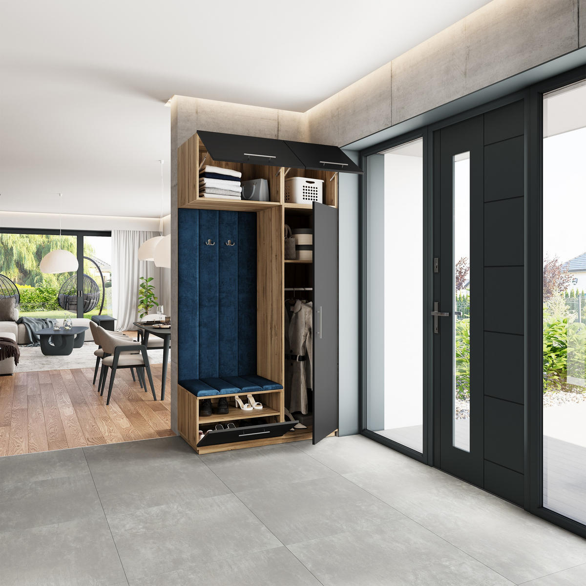 GARDEROBENSCHRANK REMA 120/240/60 cm Modern Garderobe-Set Eiche Wotan - Blau/Eiche Wotan, Holzwerkstoff (120/240/60cm) - MASSENO