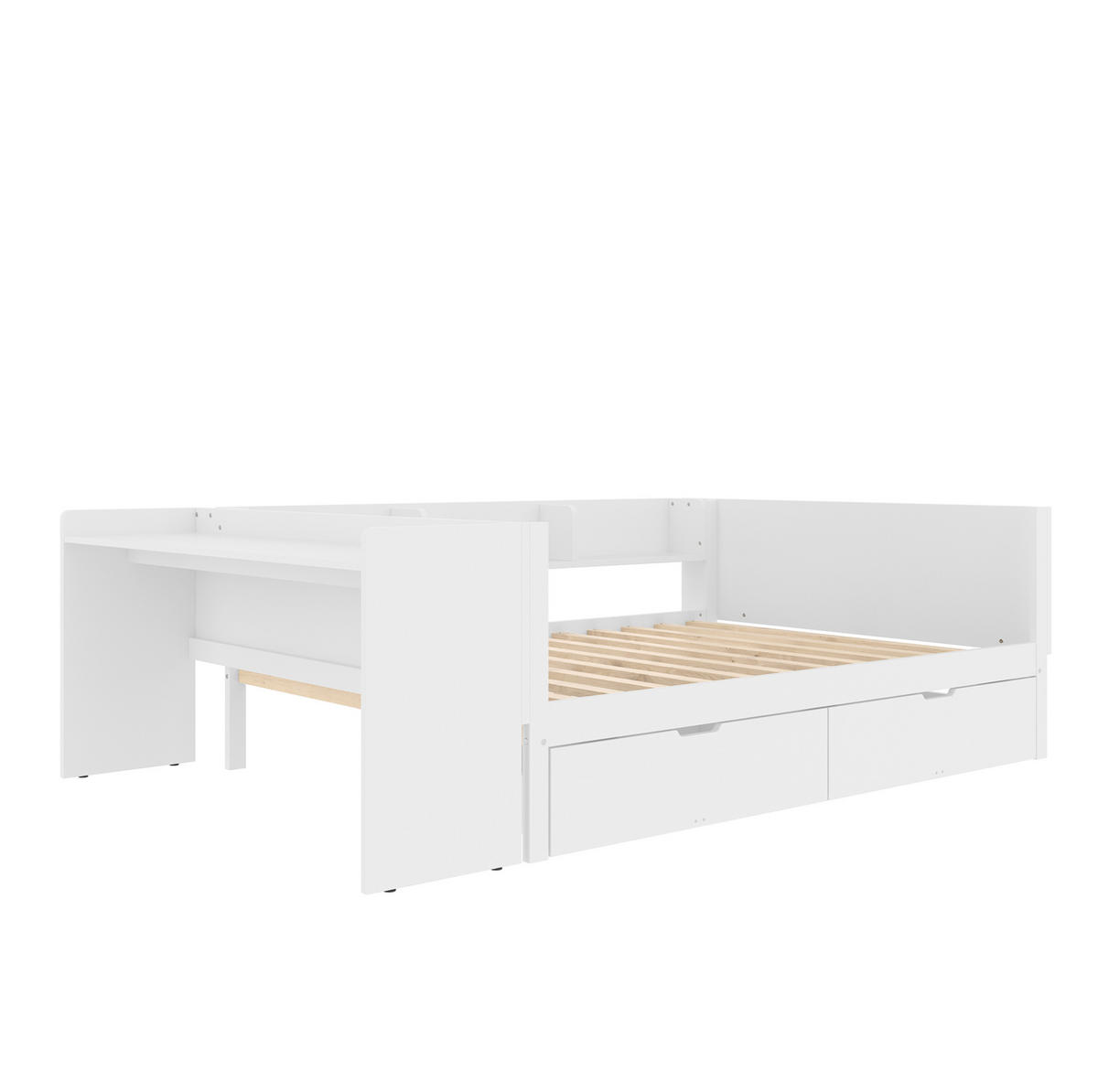 DETSKÁ posteľ 140/200 cm biela s písacím stolom, 2 zásuvkami a policami z borovice a drevotriesky - biela, drevo (140/200cm) - OKWISH
