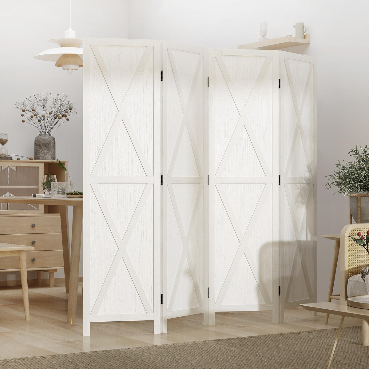 PARAVENT DE-14328 4-teilig, Landhausstil mit Kreuzstreben Weiß - Weiß, Holz (182/170/1.8cm) - ComfortXL