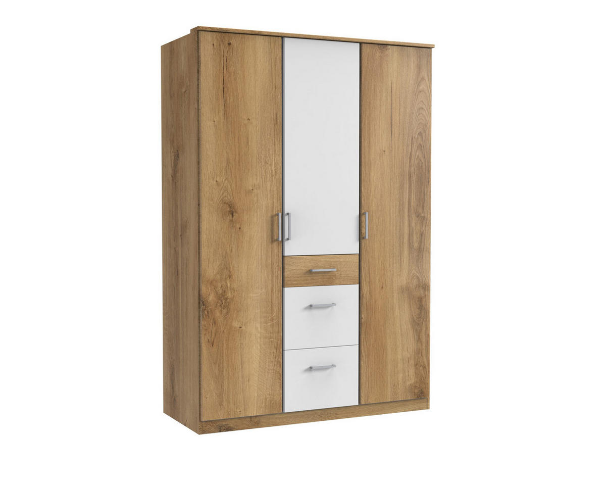KLEIDERSCHRANK Click in Plankeneiche Weiß - Drehtürenschrank 135 cm Breite ohne Spiegel - Braun, Holzwerkstoff (135/199/58cm)