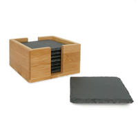 UNTERSETZER-SET mit Bambushalterung und Kreidestiften (11-tlg.) - Schwarz, Stein (10/10cm) - Intirilife