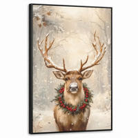 LEINWAND Bilder mit Rahmen - Weihnachten - Rentier - Winter - Kranz - 60x90 - Naturfarben, Textil (60/90cm) - MuchoWow