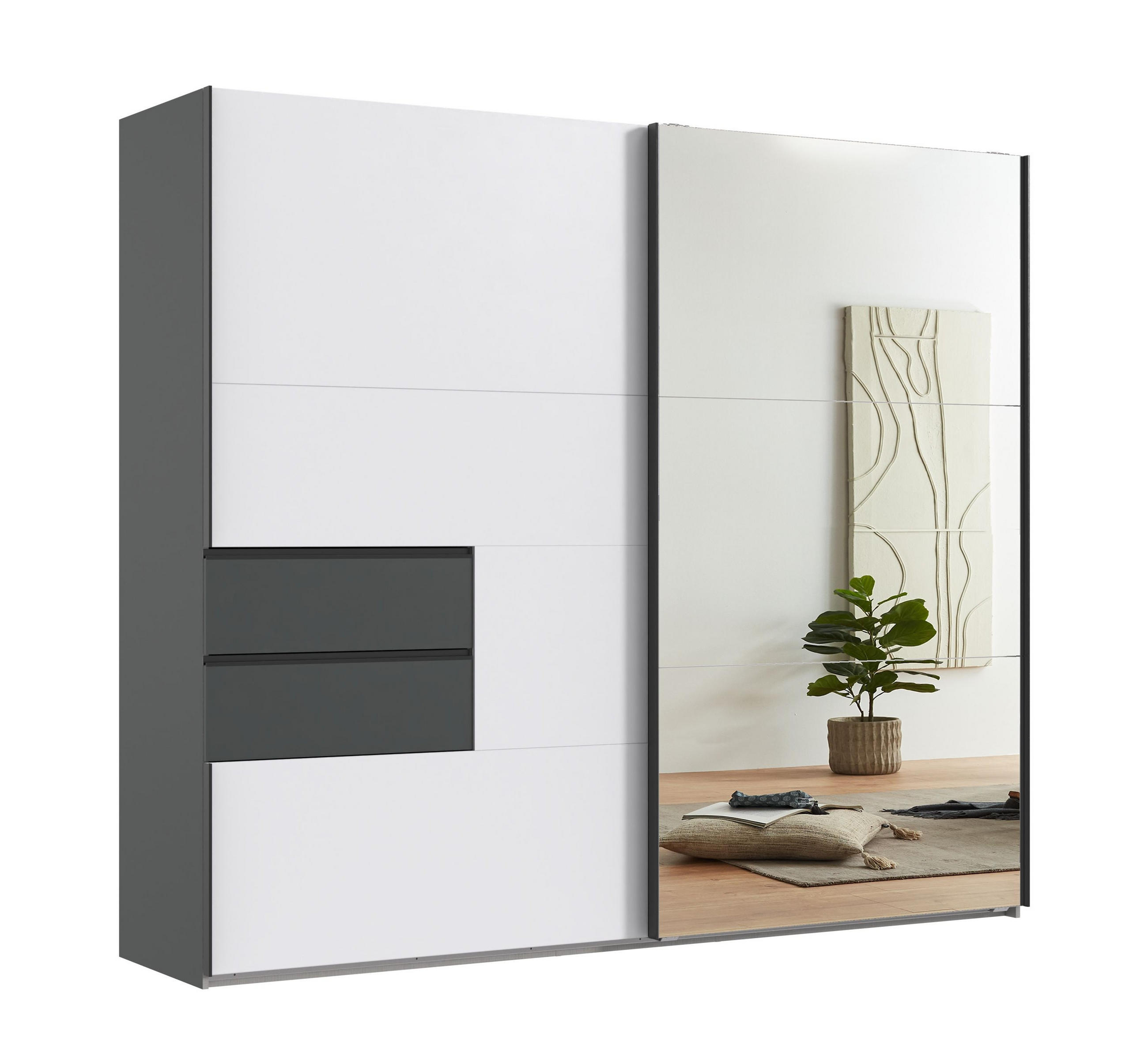 SCHWEBETÜRENSCHRANK B250/H216/T65 cm, Korpus+Schubladen Grafit, Türen Weiß / Spiegel, inkl. Vollausstattung / 22050 - Schwarz/Graphitfarben, Holzwerkstoff/Metall (250/216/65cm) - luma-home