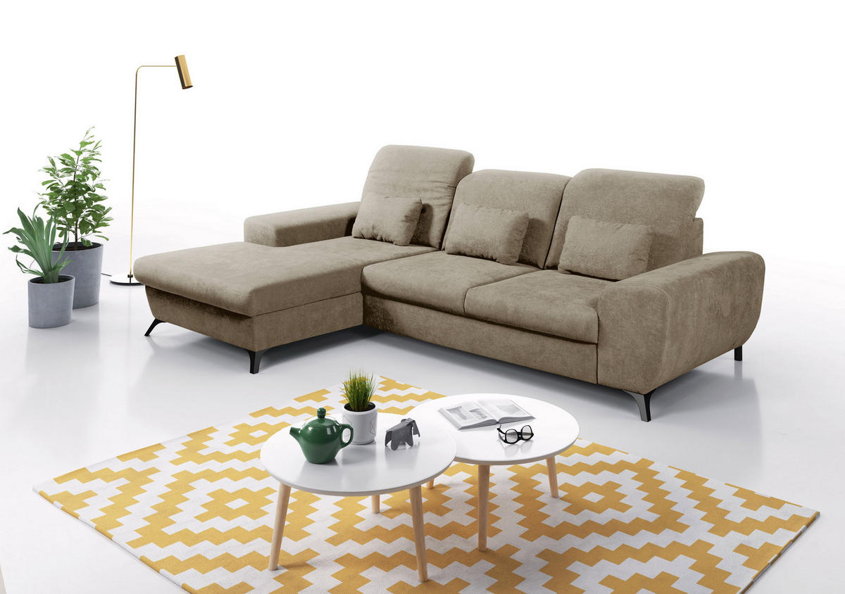 ECKSOFA LUCE L-S Beige Plüsch-Stoff mit Schlaffunktion - Beige, Holz (279/172cm) - MASSENO