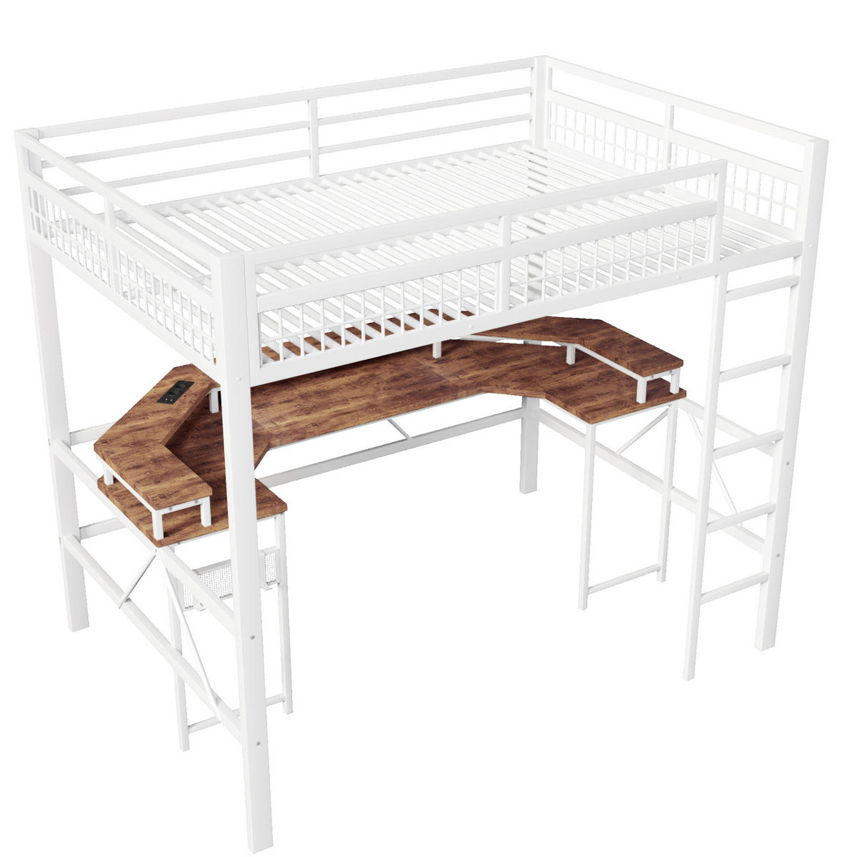HOCHBETT 140/200 cm aus Metall und MDF mit Schreibtisch, LED-Lichtleiste und Ladeanschlüssen Weiß - Weiß, Metall (140/200cm) - Modenvie