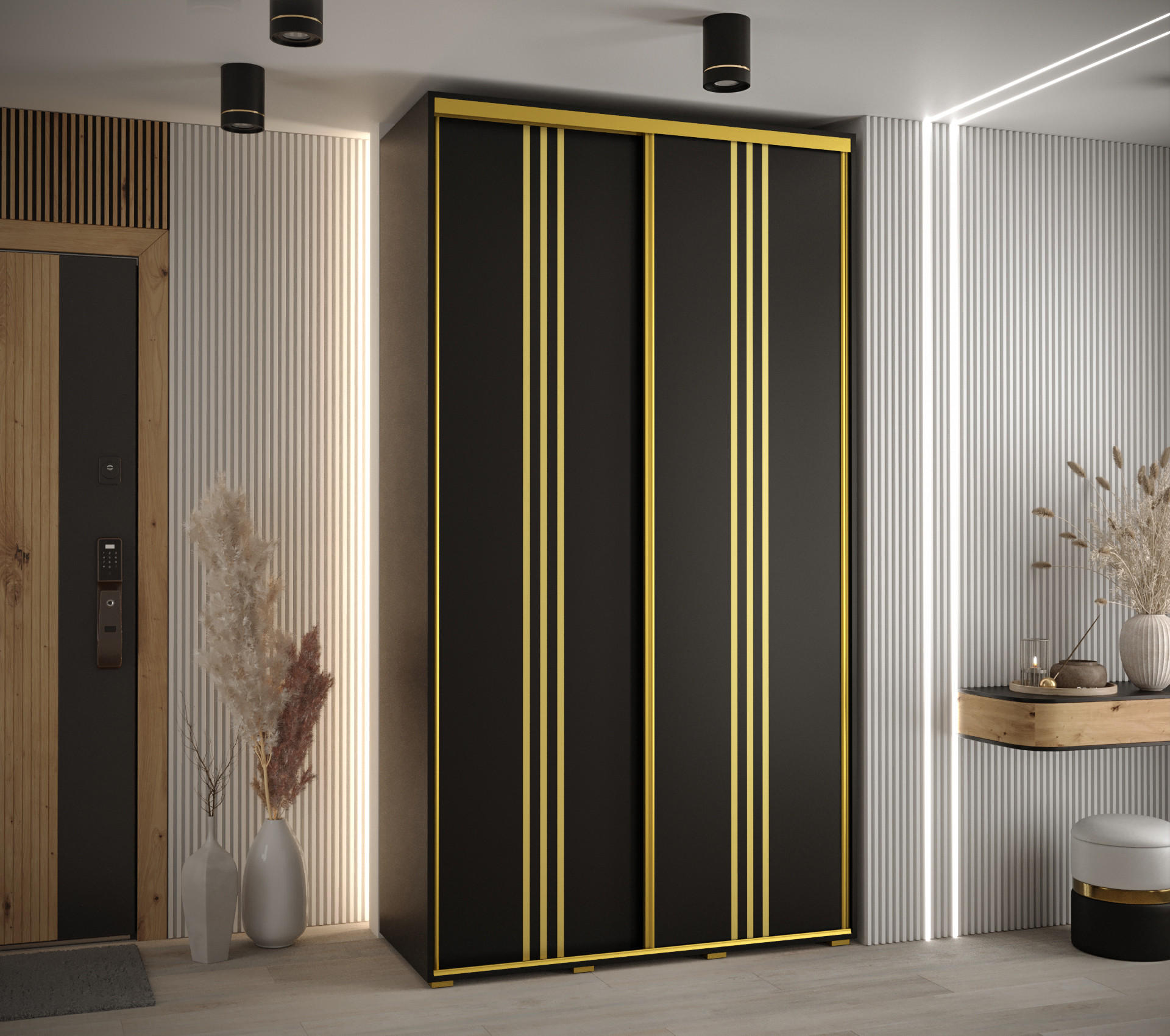 SCHWEBETÜRENSCHRANK 235,2/140/45 2-türig - Goldfarben/Schwarz, Holz/Metall (140/235/45cm) - Abiks Möbel