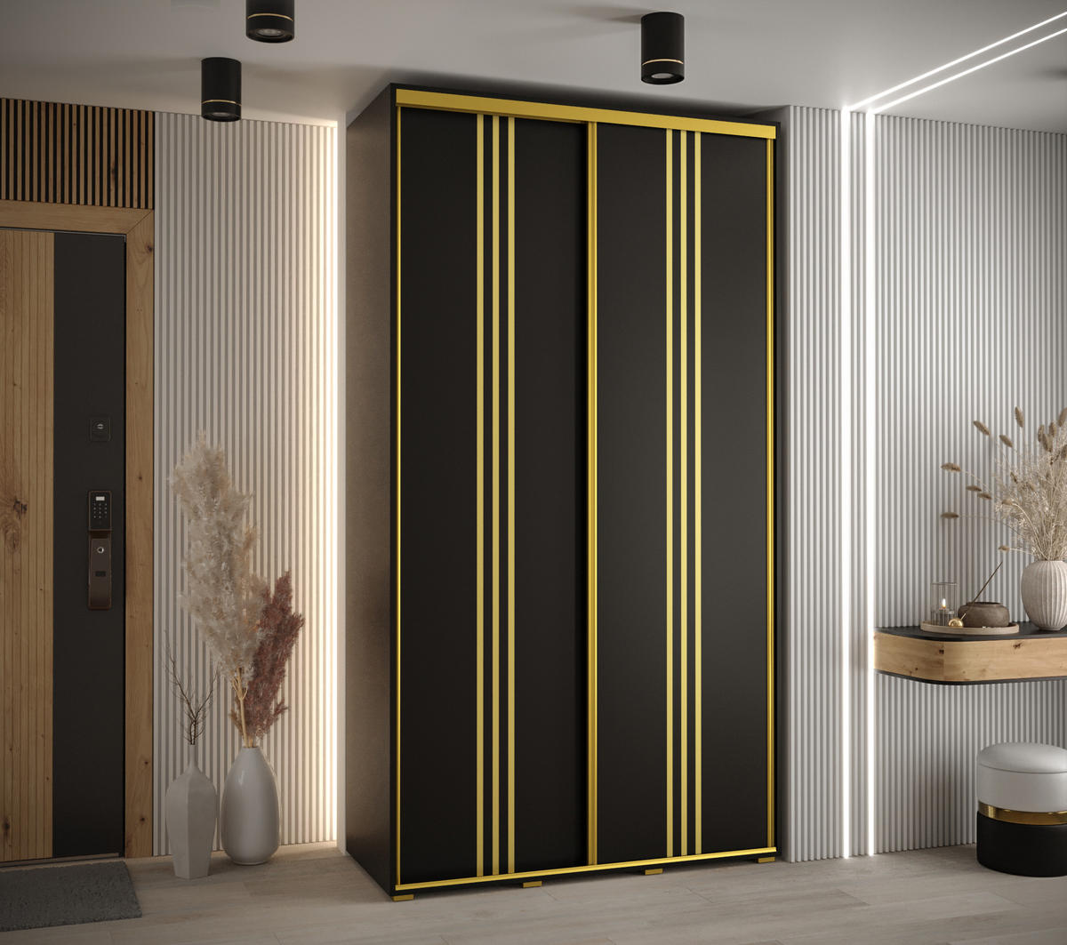 SCHWEBETÜRENSCHRANK 235,2/140/45 2-türig - Goldfarben/Schwarz, Holz/Metall (140/235/45cm) - Abiks Möbel