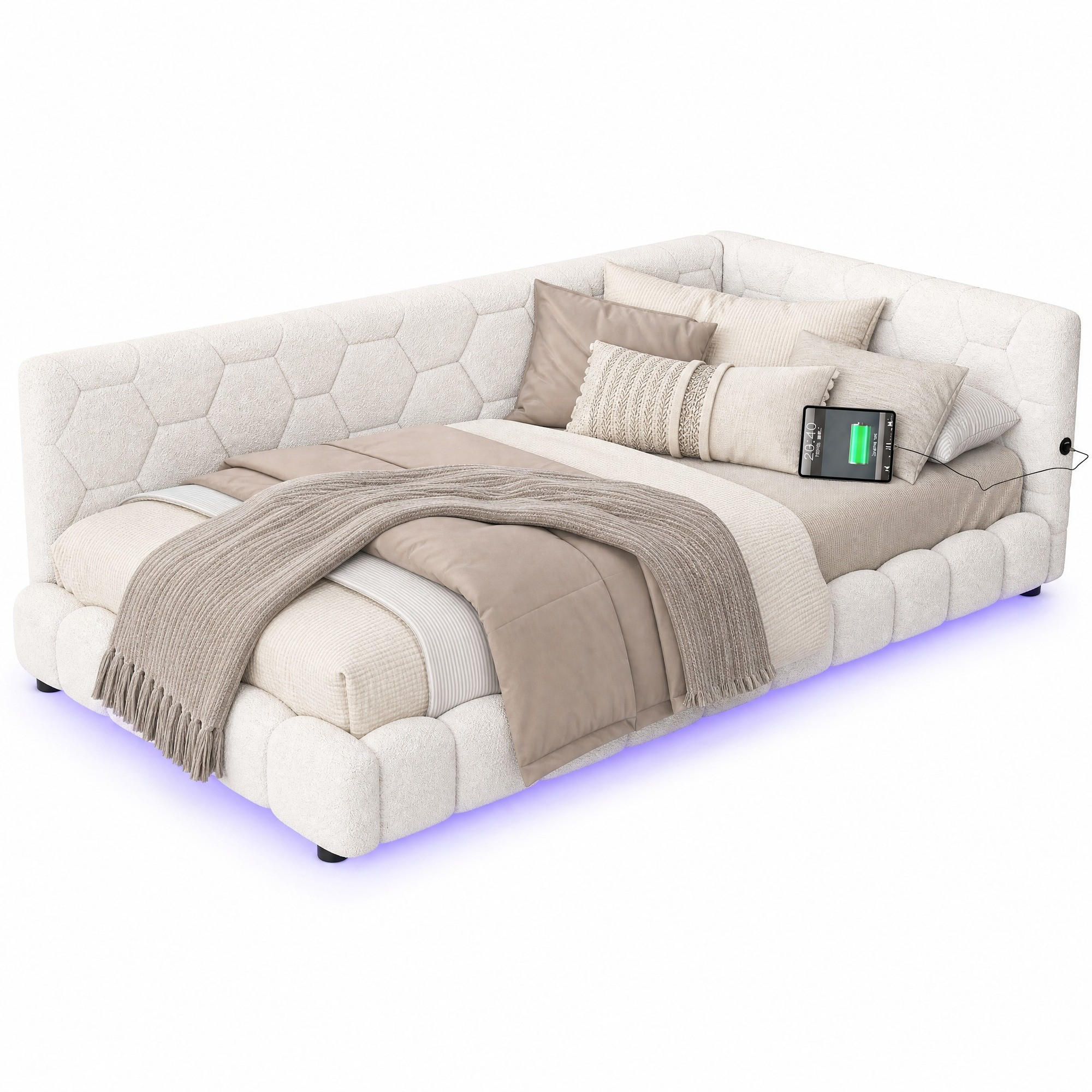 SCHLAFSOFA 90/200 cm in Weiß mit LED, USB und Type-C - Weiß, Holzwerkstoff/Textil (90/200cm) - CHICFURN