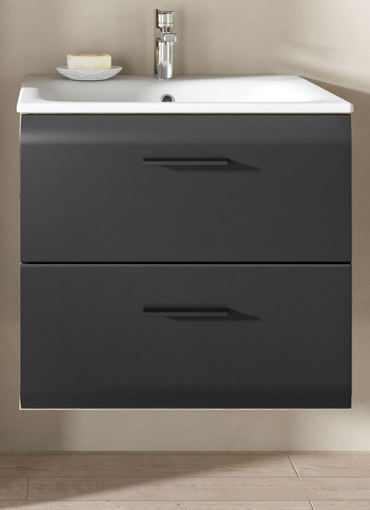 WASCHTISCH mit Waschbecken, schwarz matt, Eiche Nox, Waschtischunterschrank 60 cm mit Schubkästen - Eichefarben/Schwarz, Keramik/Holzwerkstoff (60/55/46cm) - Inn.Furn