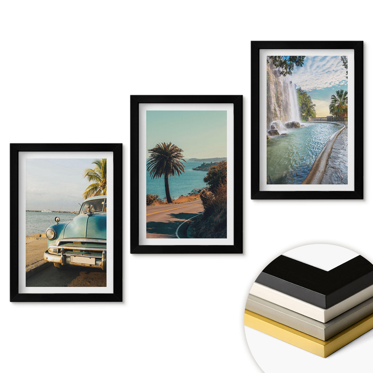WANDBILDER 3er-Set - 20x30 cm Schwarzer Rahmen - Urlaub Palmen Wasserfall - Schwarz, Kunststoff (20/30cm) - ArtPrintCave