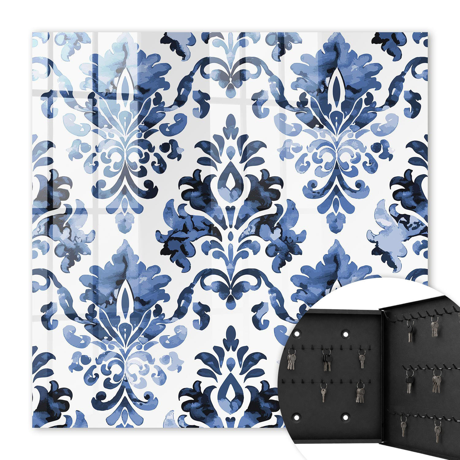 SCHLÜSSELBOX Schwarz 30x30 cm- Türöffnung nach rechts - Blaue Ornamente - Blau, Metall (30/30/5cm) - TULUP
