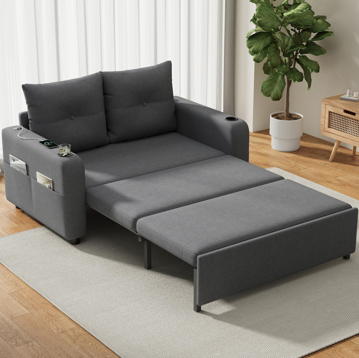 SCHLAFSOFA 3-in-1 131 x 81 x 94 cm Grey mit USB-Anschluss - Grau, Metall (81/94/131cm) - Meubliv